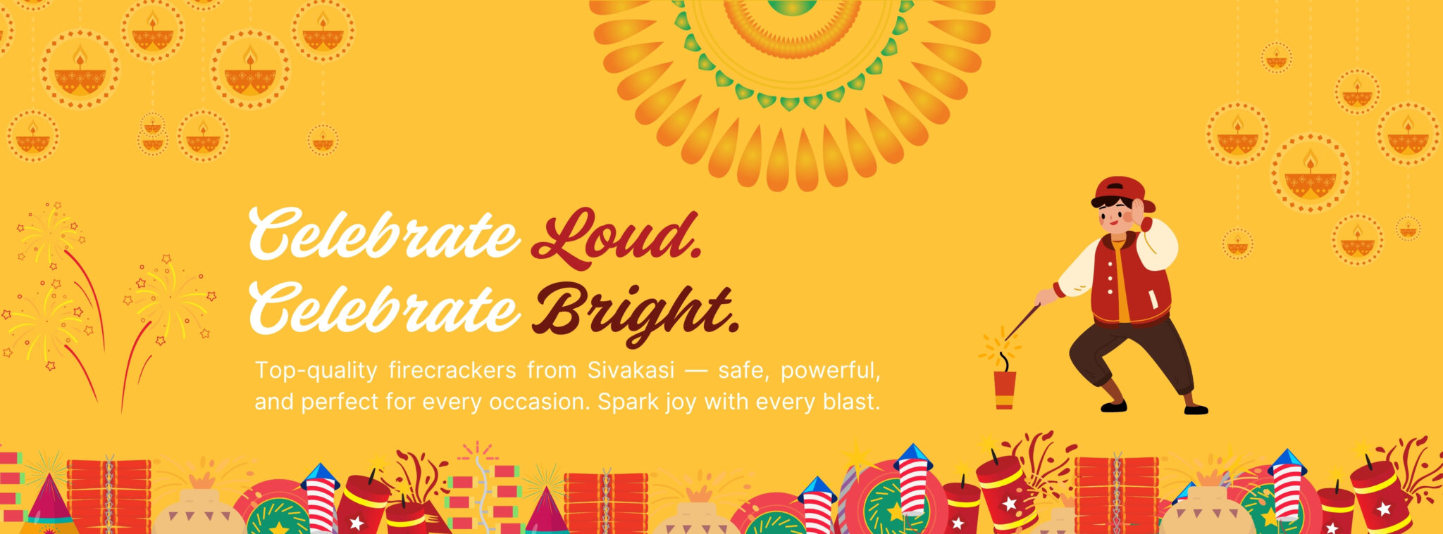 Purple And Yellow Illustrative Happy Diwali Banner (1080 x 400 mm)